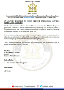 37th Military Hospital Closes Medical & Emergency Unit to the Public